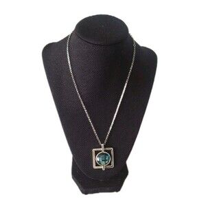Lia Sophia 18" Silver Pendant Necklace W Square Framed Blue Gem Stone Adjustable